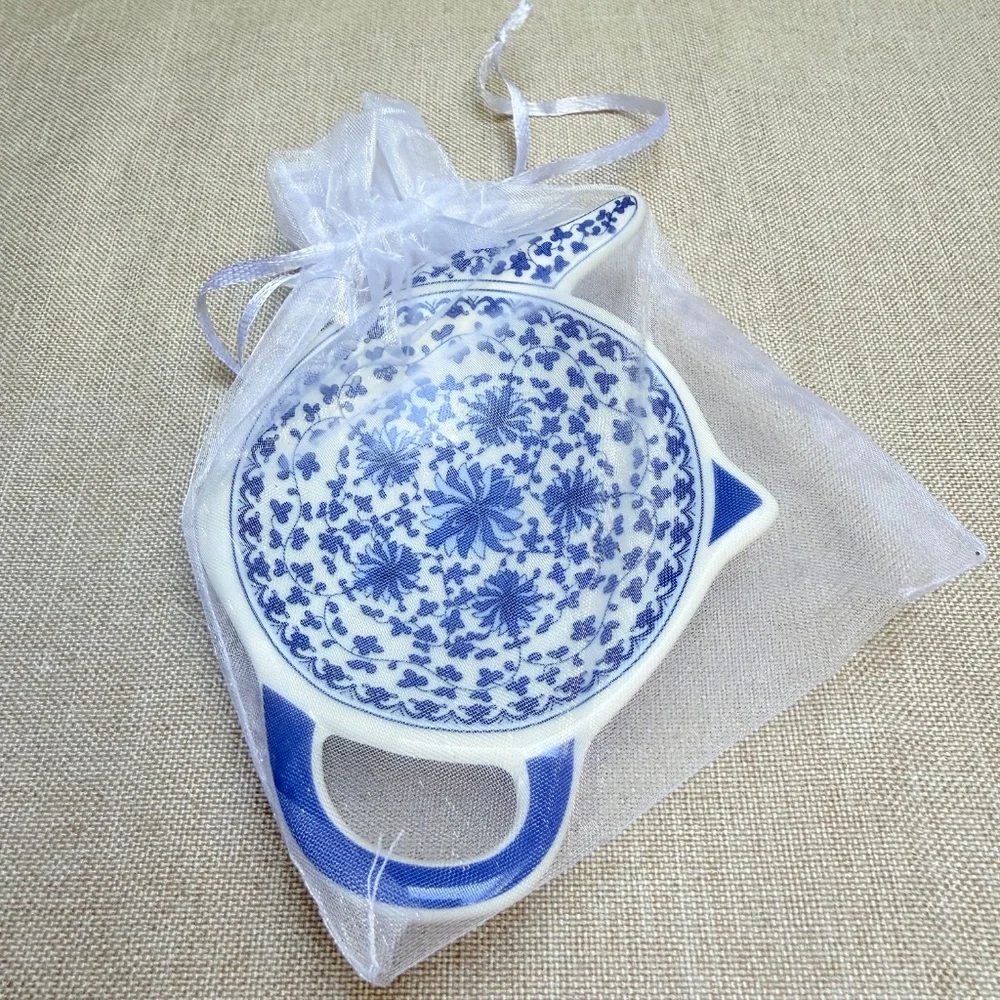 Blue and White Teapot Shaped Teabag Holder in Gift Bag